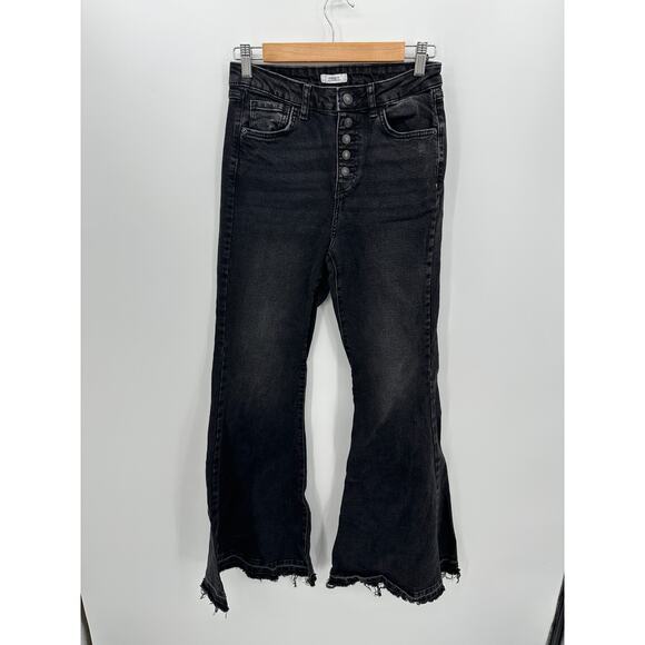 Forever 21 Womens Black Denim Flare Jeans Size 28 Button Fly Festival Fringe - Picture 1 of 7